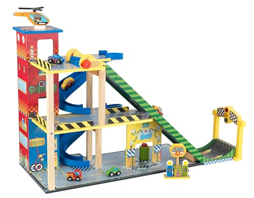 Kidkraft Mega Ramp Garage In Legno, Piste Macchinine Per Bambini, Giochi In Legno, Parcheggio Macchinine Con Elicottero Giocattolo E 5 Macchine, Autol