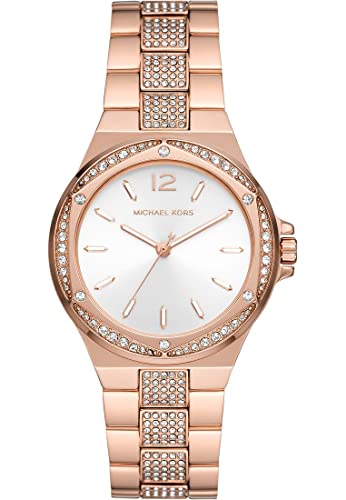 Michael Kors Orologio Da Donna Lennox Quarzo/3 Movimento Manuale Cassa 37 Mm Con Cinturino In Acciaio Mk7362, Tono Oro Rosa E Glitter Bianco