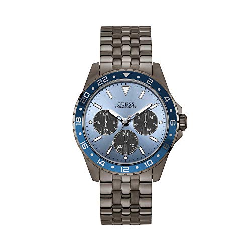 Guess Men'S 44Mm Grey Steel Bracelet & Case Quartz Blue Dial Analog Watch W1107G5