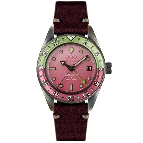 Out Of Order Cosmopolitan Gmt Automatico Acciaio Rosso Verde Data Pelle Orologio Invecchiato Uomo