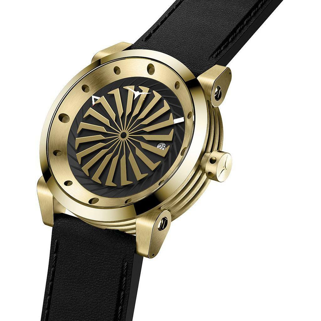 Zinvo 12K Turbina Automatico Acciaio Nero Oro Data Pelle Zaffiro Orologio Uomo