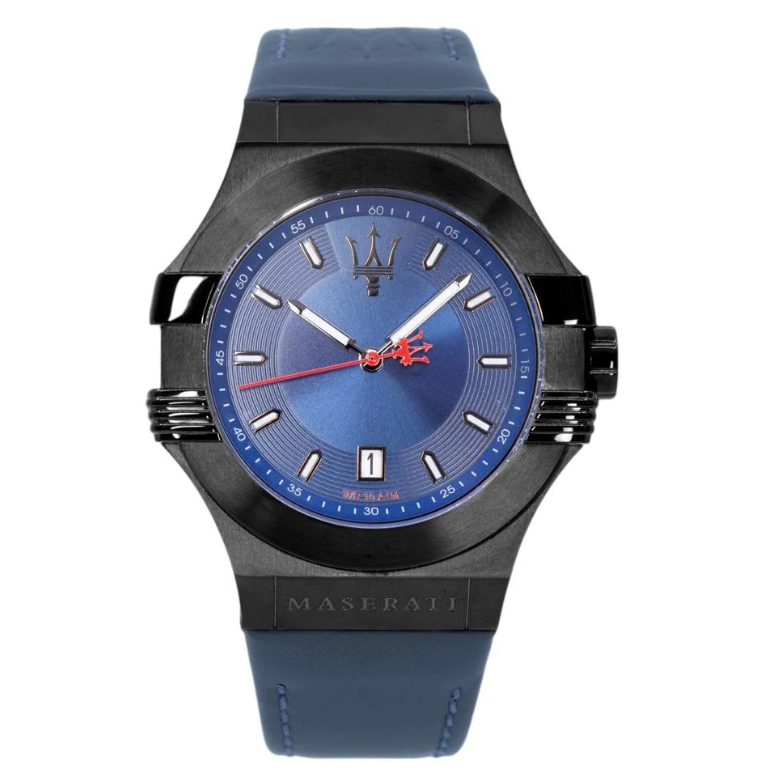 Orologio Uomo Maserati Potenza Acciaio Nero Cinturino Pelle Blu Design Italiano