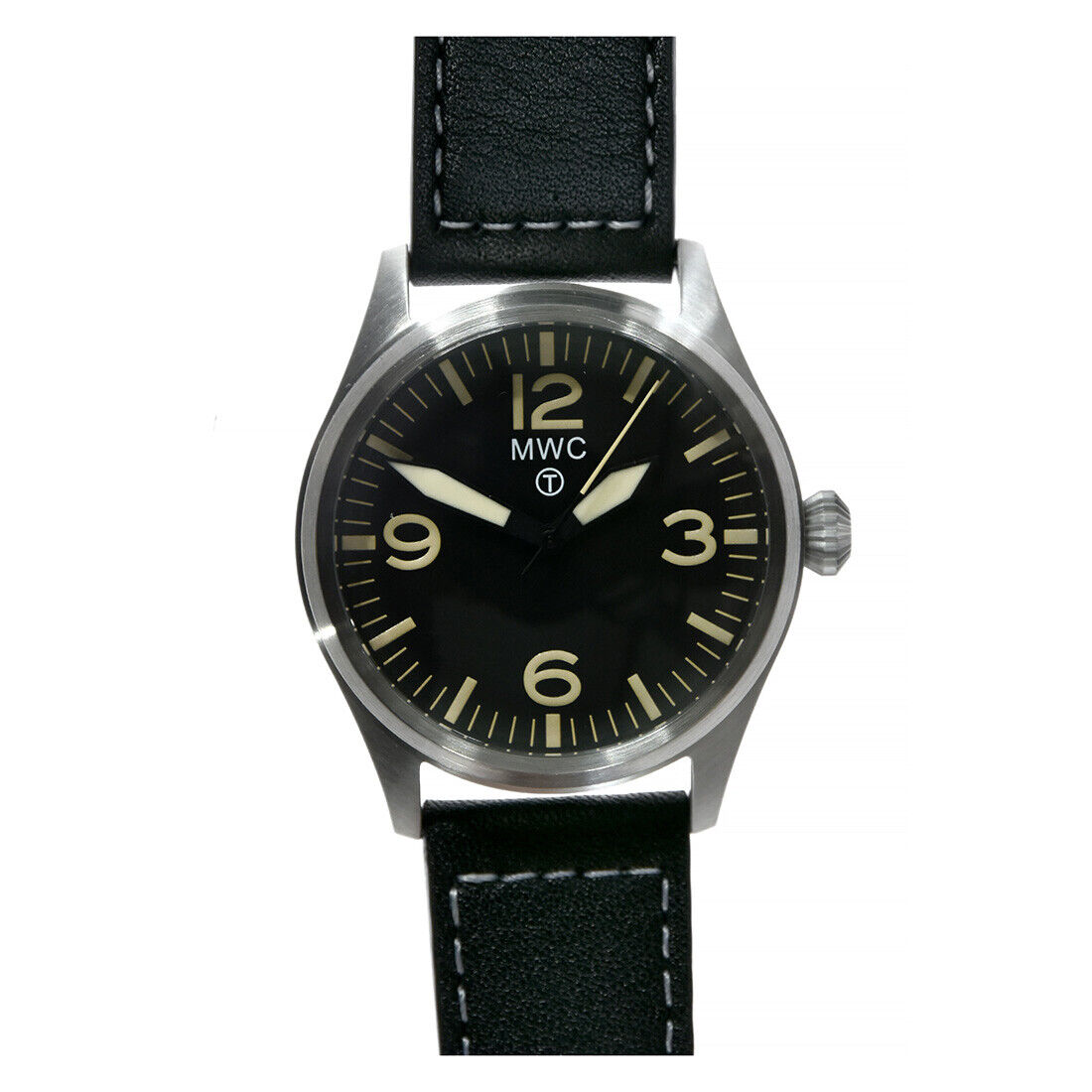 MWC Pilot 40 Ibrido Meccanico Quarzo Acciaio Nero Pelle Aviatore Orologio Unisex