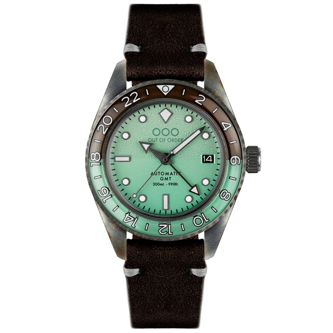 Out of Order AFTER 8 GMT Automatico Acciaio Marrone Verde Pelle Orologio Uomo