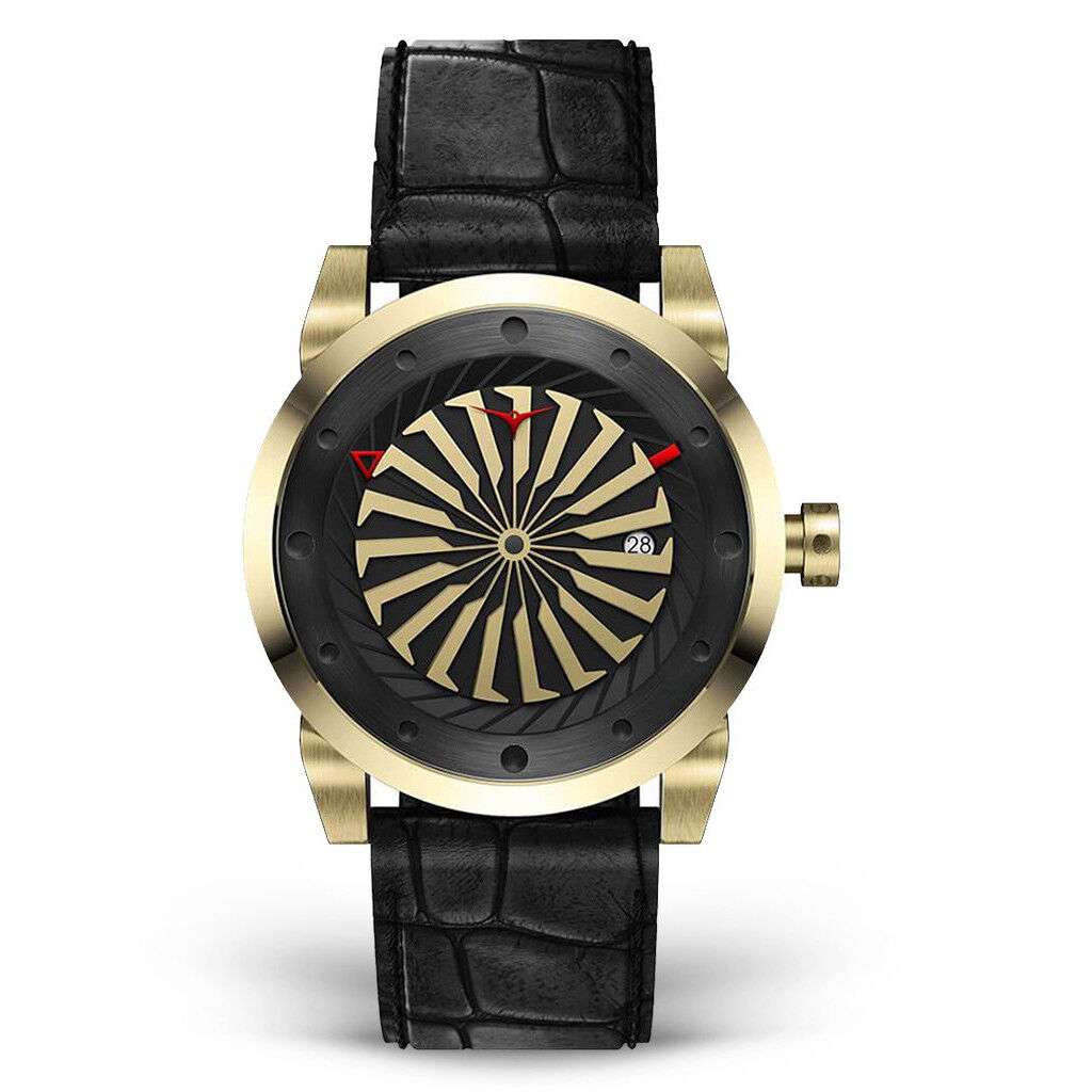 Zinvo Onyx Turbina Automatico Acciaio Nero Oro Data Pelle Zaffiro Orologio Uomo
