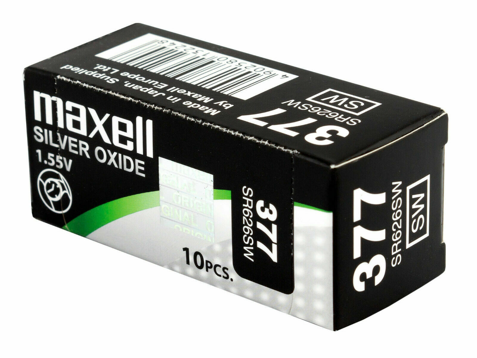 10 x Maxell 377 Pile Batterie Scatola Mercury Free Silver Oxide SR626SW 1.55V