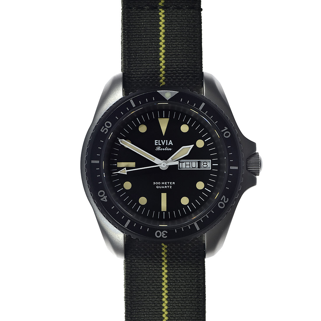 MWC Elvia Quarzo Acciaio Nero Grigio Data Militare Orologio Uomo