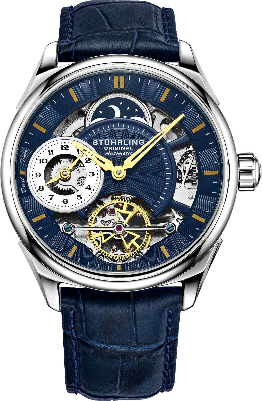 Stuhrling Uomo Blu Scheletro Dual Time Argento Custodia Am Pm IN Pelle Orologio