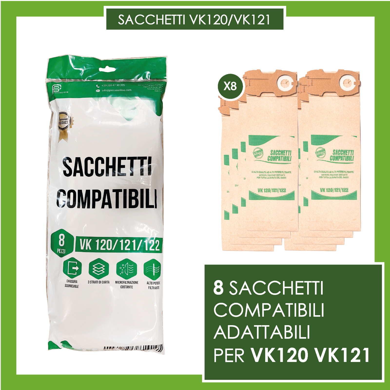 8 SACCHETTI COMPATIBILI PER VORWERK FOLLETTO KOBOLD VK 120 121 122 (NO 200 220S)