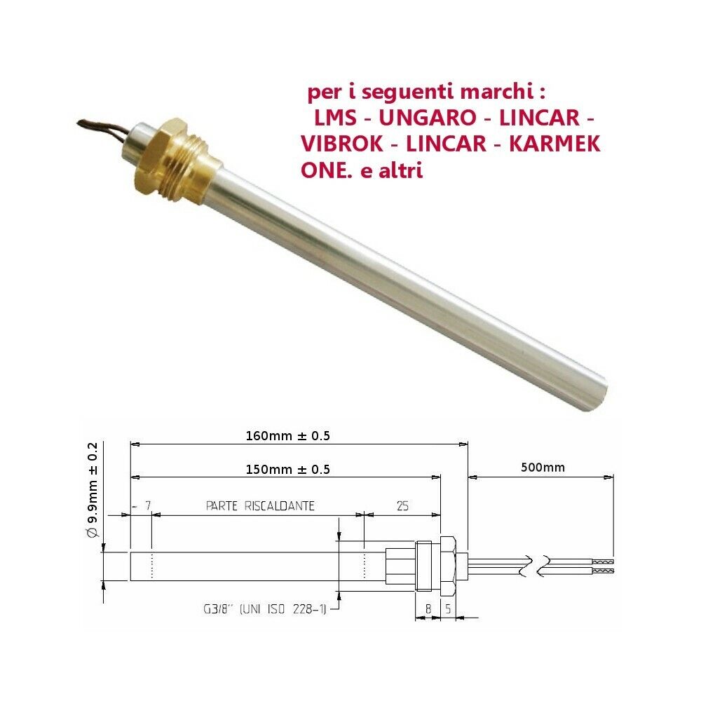 Resistenza Candeletta Stufa a pellet 3/8 280W 160mm UNGARO KARMEK 150mm battuta