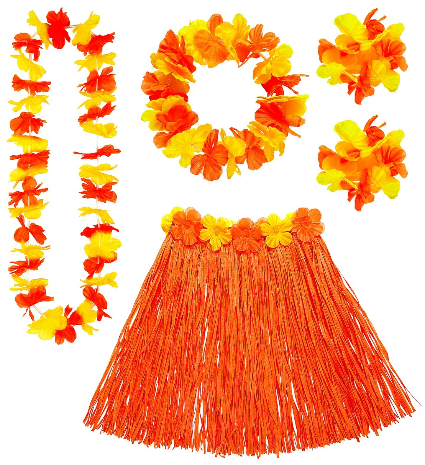 SET Hawaiana arancione e giallo  COLLANA CORONA 2 BRACCIALETTI GONNA  donna