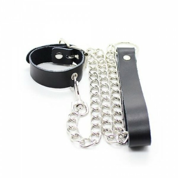 Set Collare Guinzaglio Da Polso in Ecopelle Nero con Catena in Metallo Argento