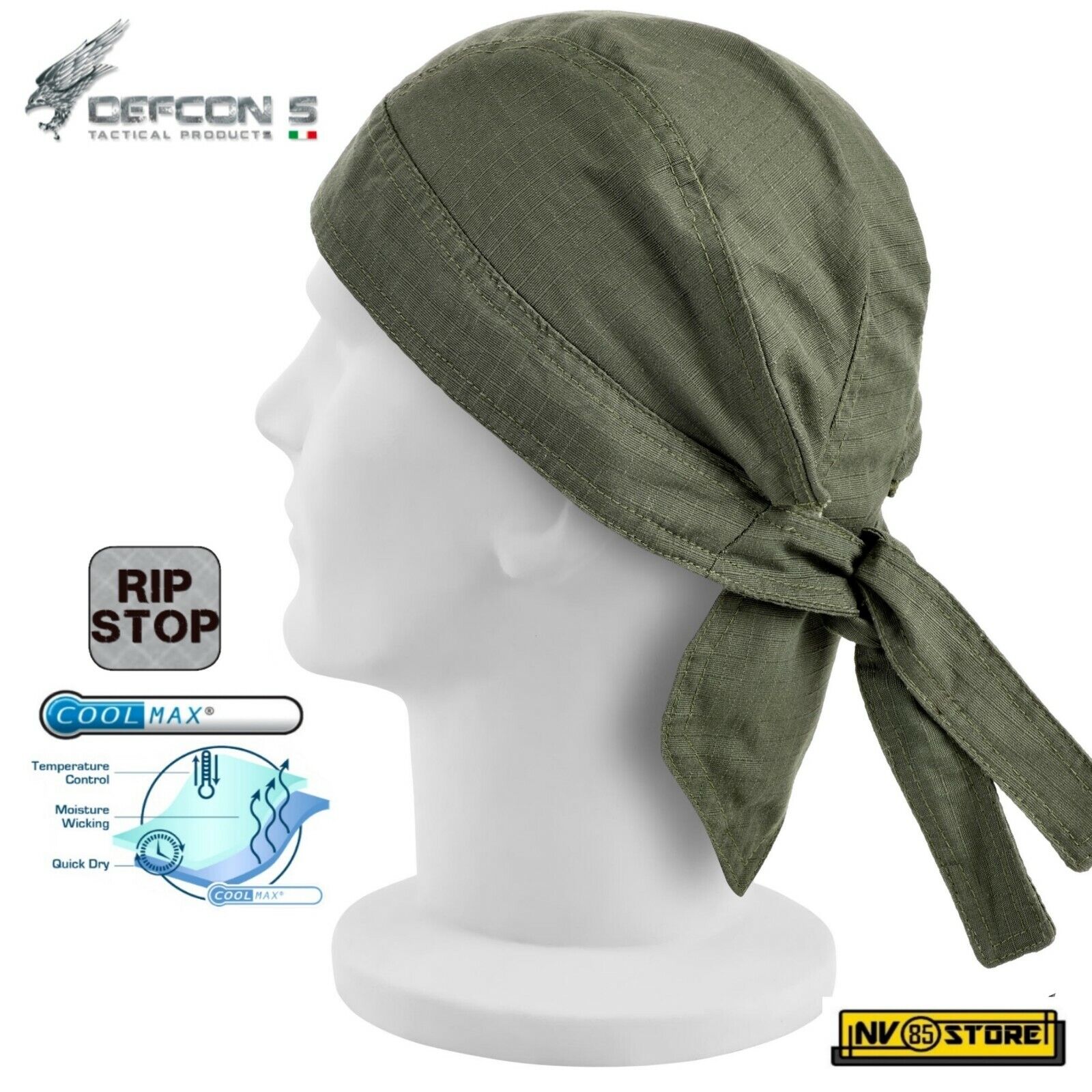 Bandana Militare DEFCON 5 in RIPSTOP COOLMAX Traspirante 100% GREEN VERDE OD