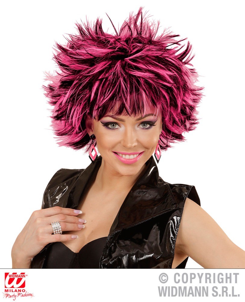 Parrucca punk vaporosa striata rosa nera