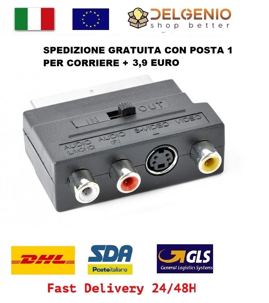 Adattatore SCART maschio audio RCA S-VIDEO svhs femmina in out per presa cavo tv