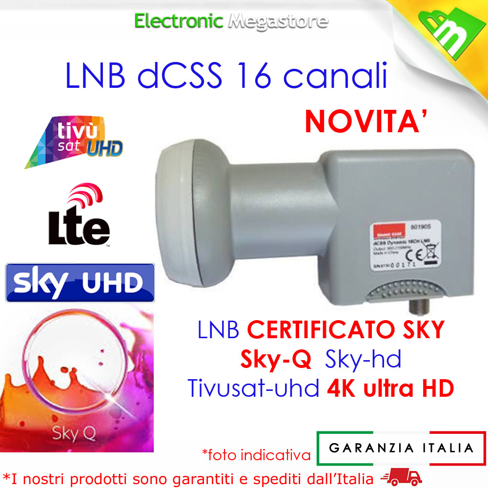 ILLUMINATORE LNB dCSS/QUAD SCR 16 CANALI,COMPATIBILE SKY-Q, 4K, TIVUSAT EMMESSE