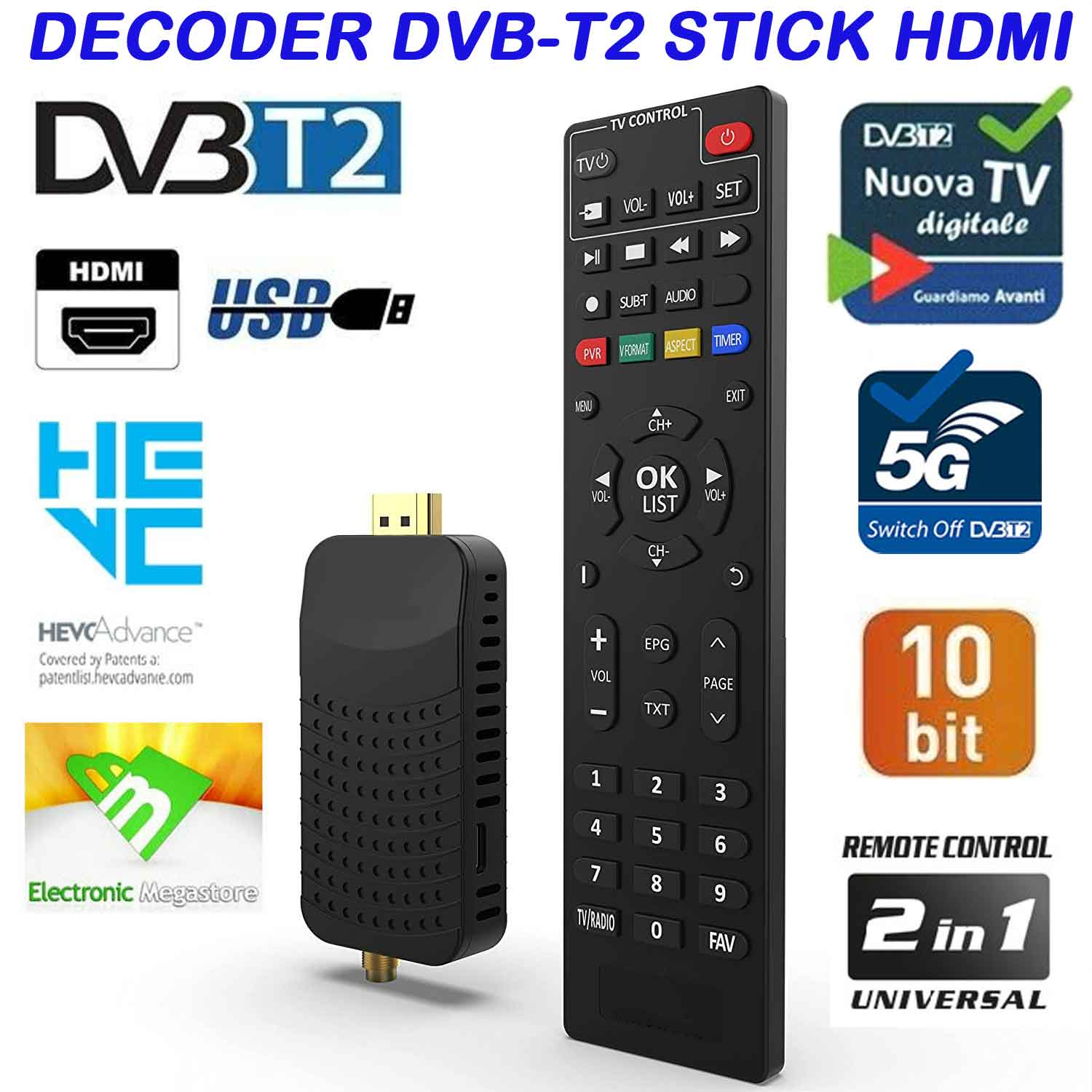 Decoder Digitale Terrestre DVBT2 Pocket Ricevitore TV FullHD 10Bit HDMi