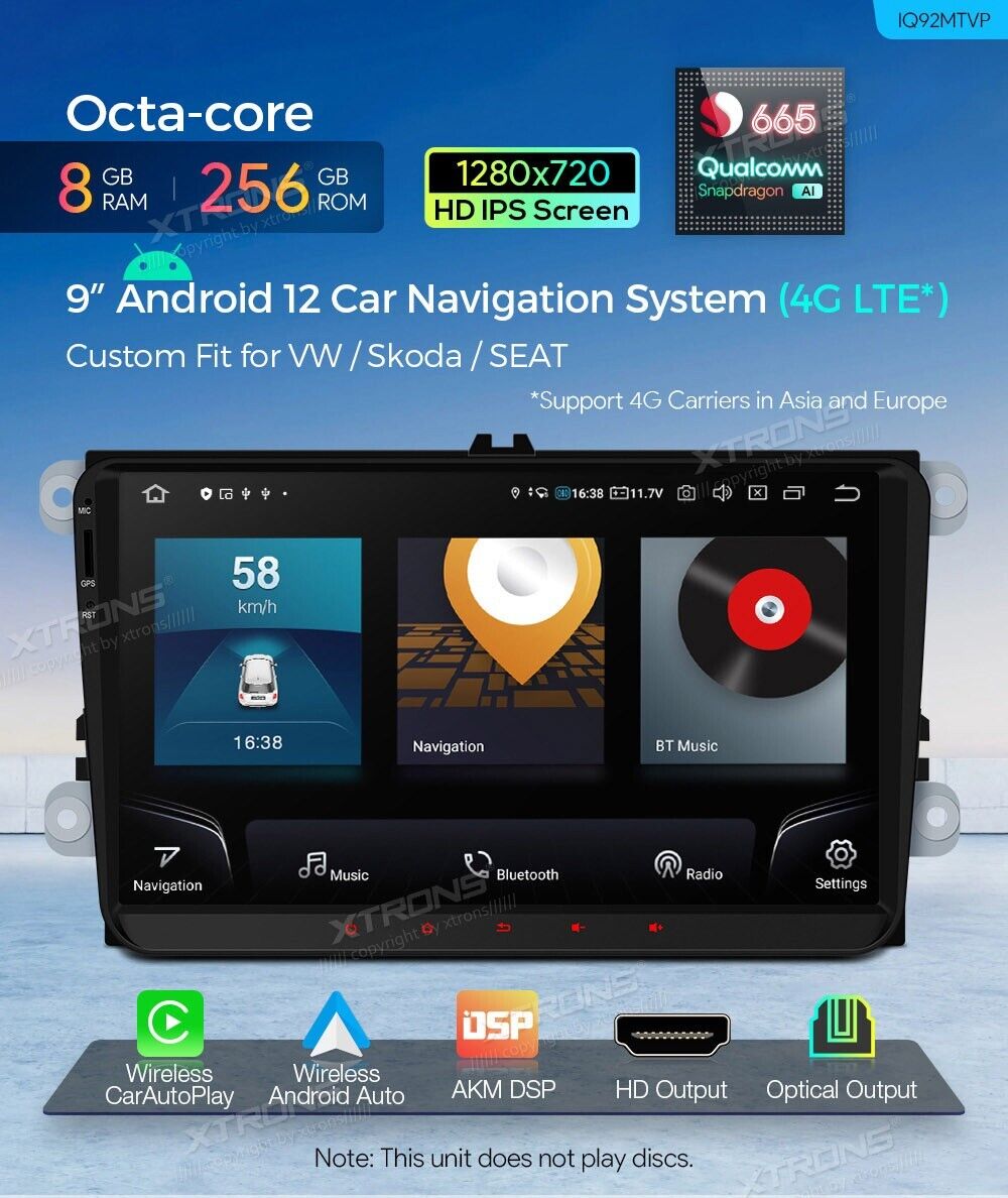 XTRONS IQ92MTVP AUTORADIO Golf Passat Polo Tiguan Touran GPS ANDROID 12 8GB+256