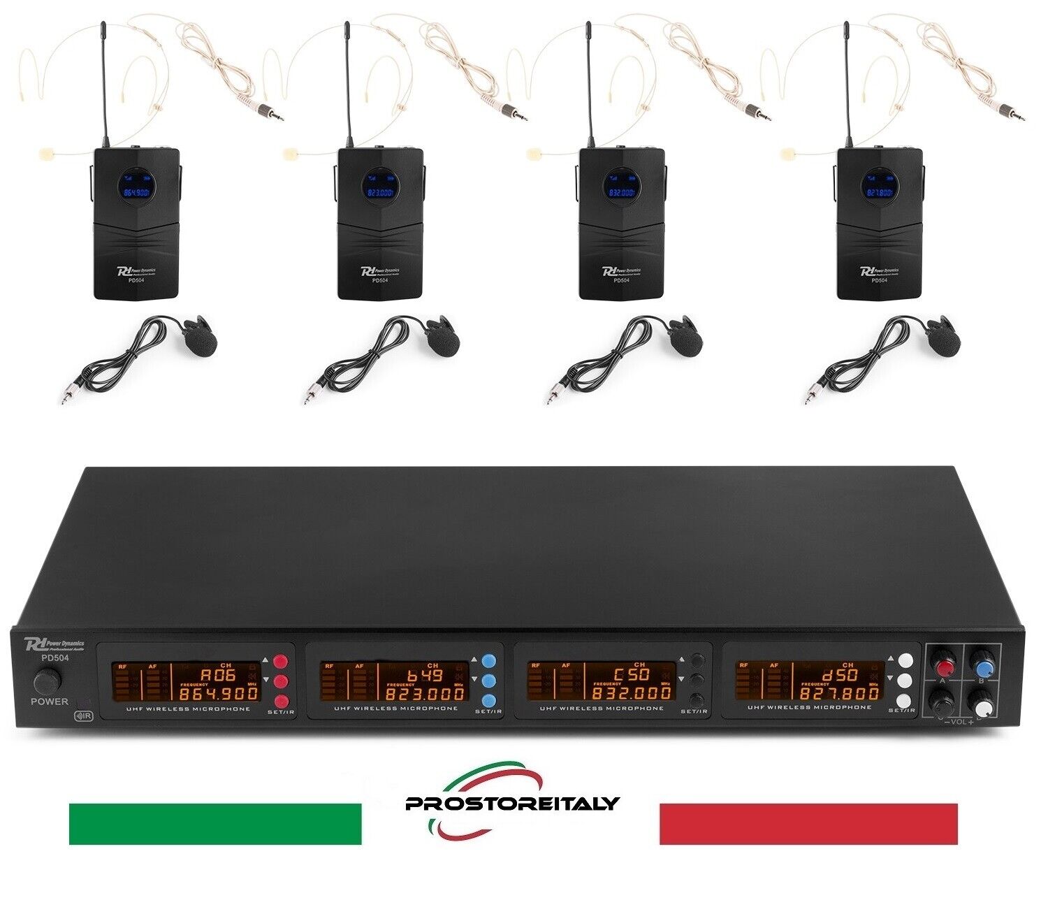 SET DI 4 MICROFONI PORTATILI CUFFIE PROFESSIONALI WIRELESS UHF 4X50 CANALI