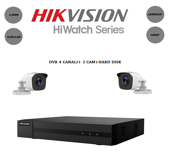 KIT TELECAMERE VIDEOSORVEGLIANZA 4 Canali -2MPX +2CAM HIKVISION1080P+HARDISK