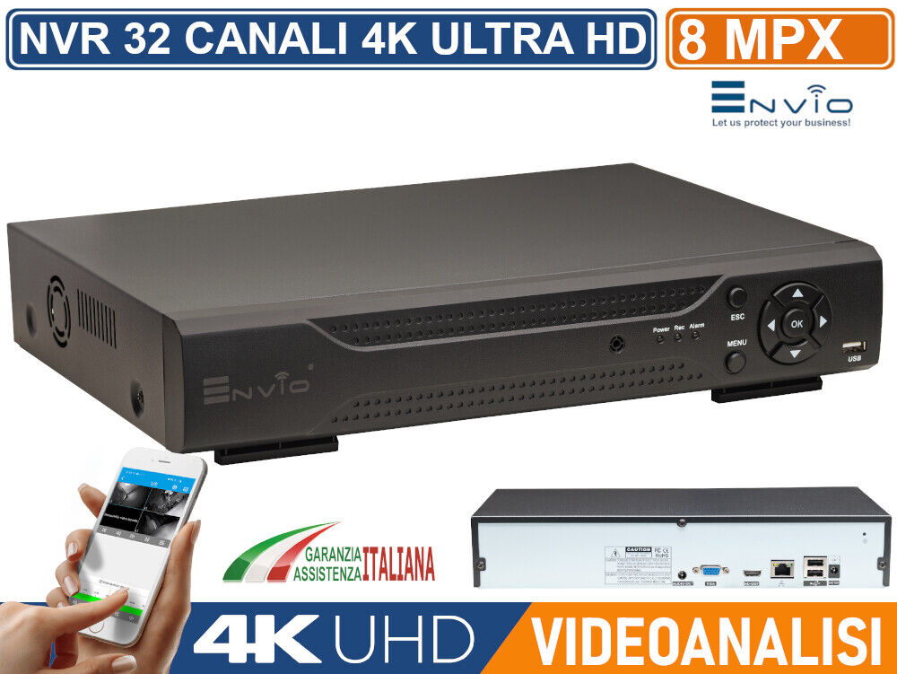 NVR 32 CANALI 8 MPX ULTRA HD 4K H.265AI ANALISI INTELLIGENTE CLOUD P2P XMEYE