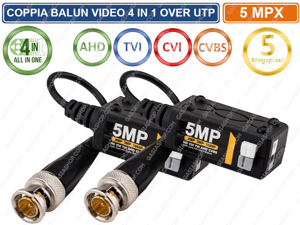 COPPIA TRASMETTITORI BNC VIDEO BALUN 5 MP AHD TVI CVI CVBS VIDEOSORVEGLIANZA