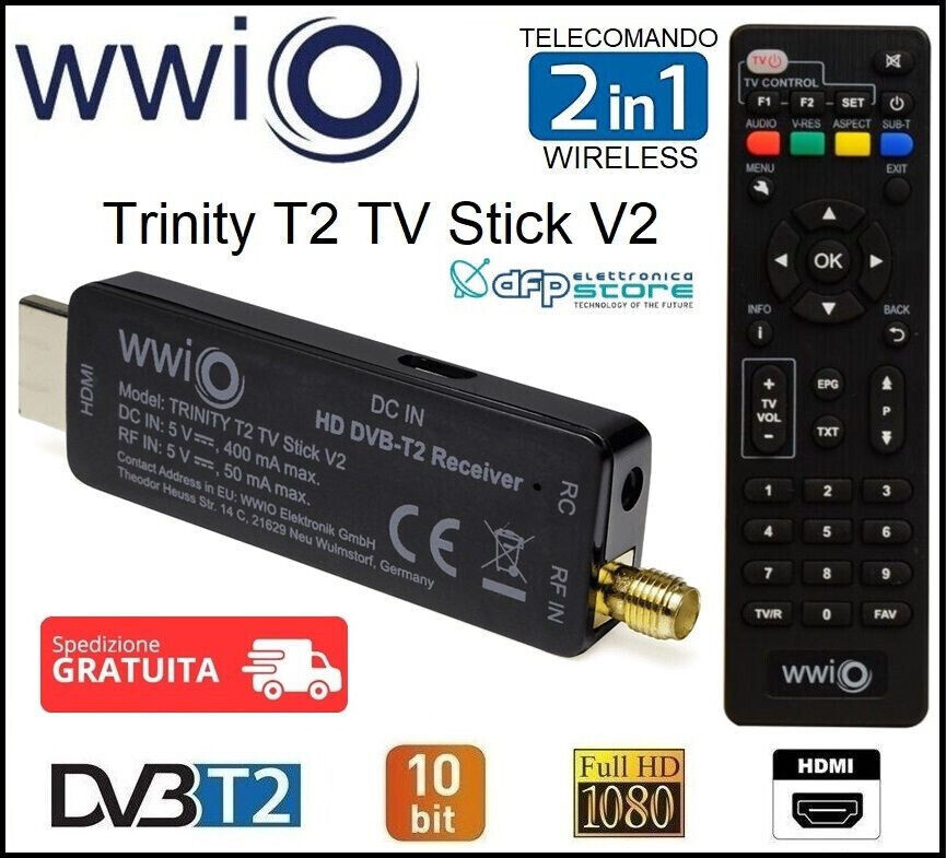 Decoder Ricevitore Digitale Terrestre Full HD Dvb-T2 Hevc H265 HDMI Stick 10bit
