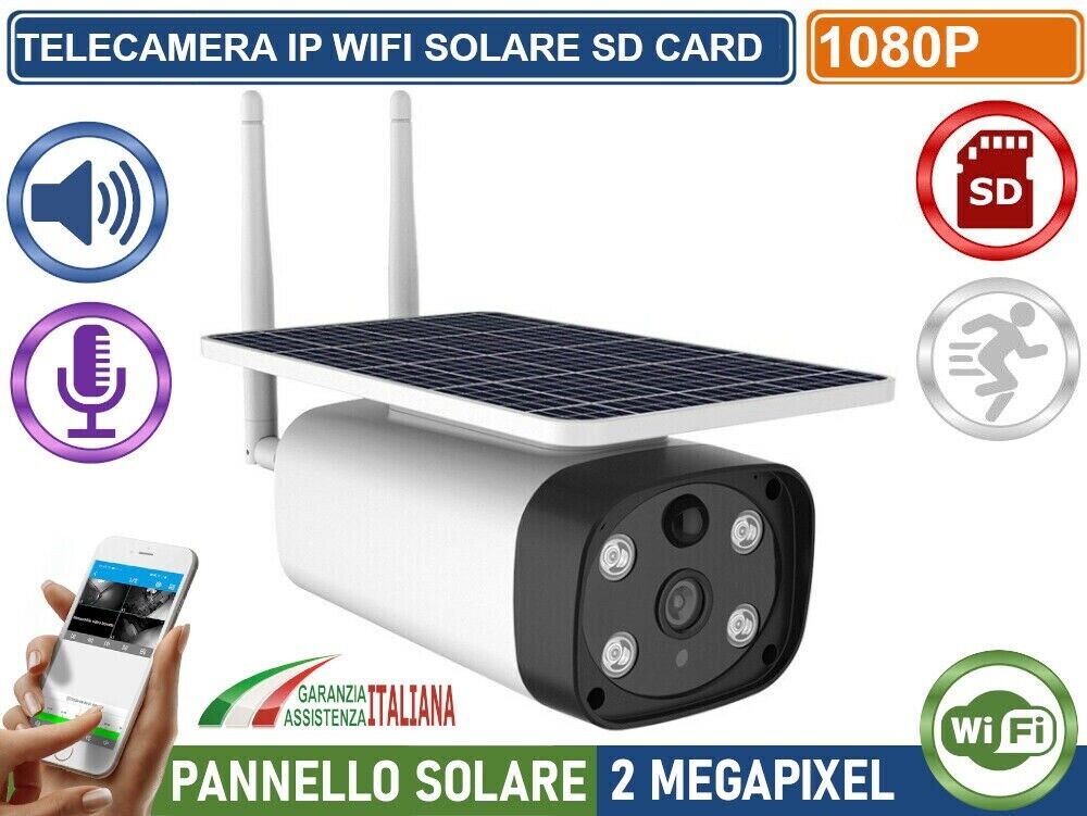 TELECAMERA IP WIFI 2MP CON PANNELLO SOLARE REGISTRA SD CARD AUDIO IP67