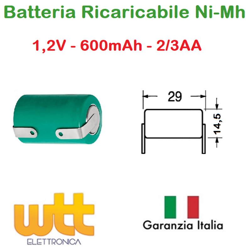 BATTERIA RICARICABILE NI-MH 2/3AA 1,2V 600mAh 14x29mm A SALDARE