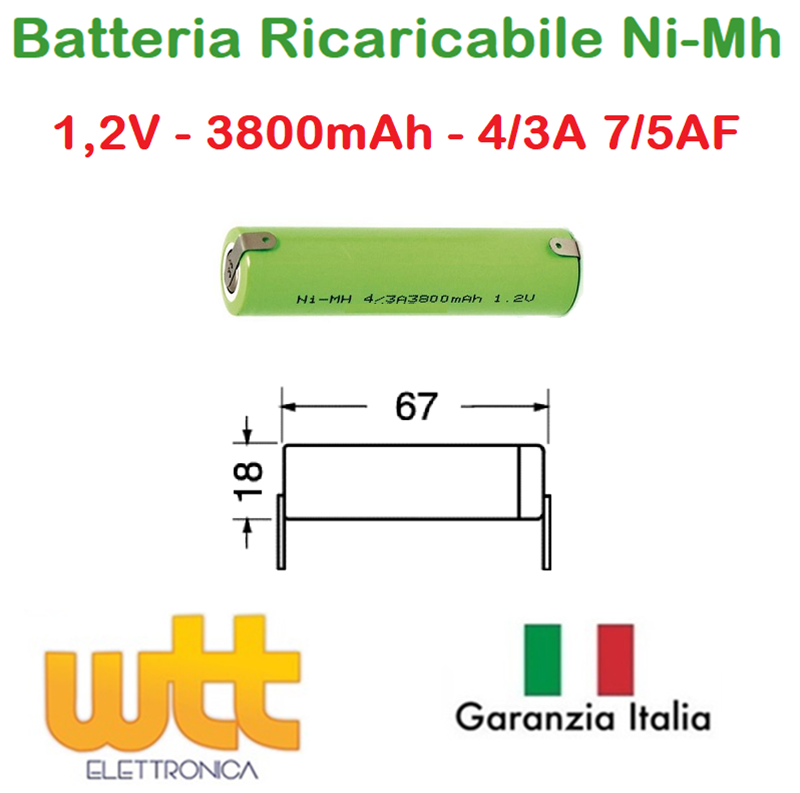 Pila Batteria ricaricabile Ni-Mh 4/3A 7/5AF 1,2V 3800mAh terminali lamelle