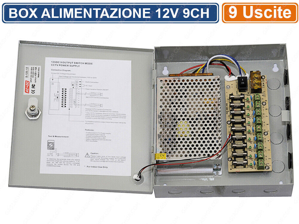 RACK BOX METALLICO ALIMENTATORE STABILIZZATO A COMMUTAZIONE 9 USCITE DC12V CCTV