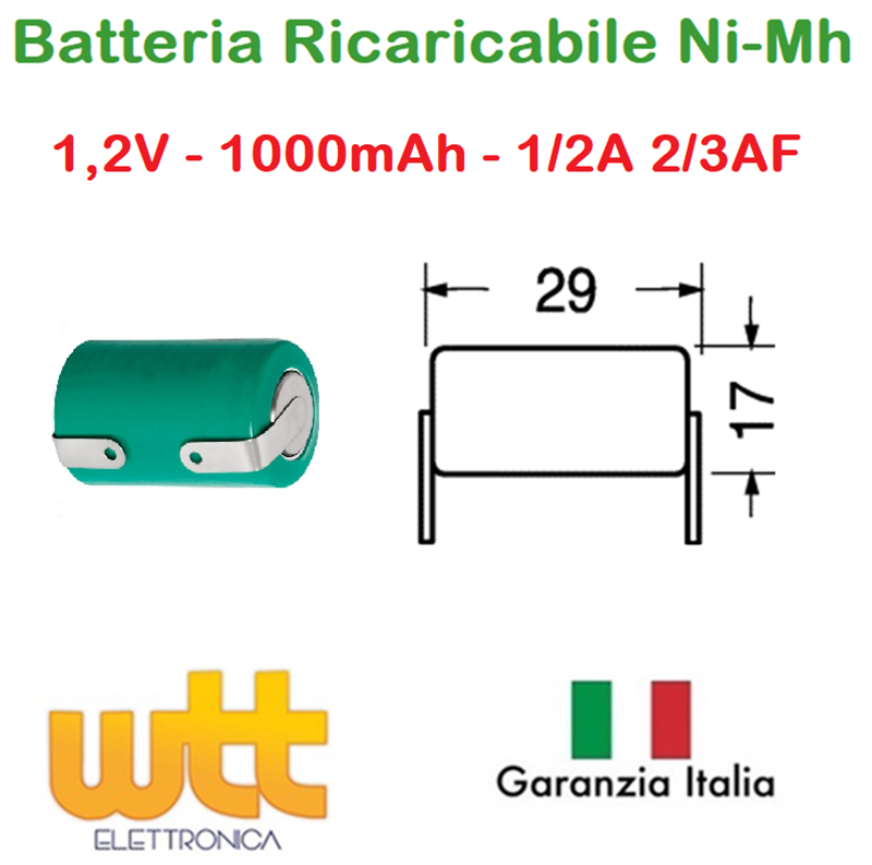 Batteria Ricaricabile NI-MH 2/3AF 2/3A 1/2A 1,2V 1000mAh 29x17mm a saldare