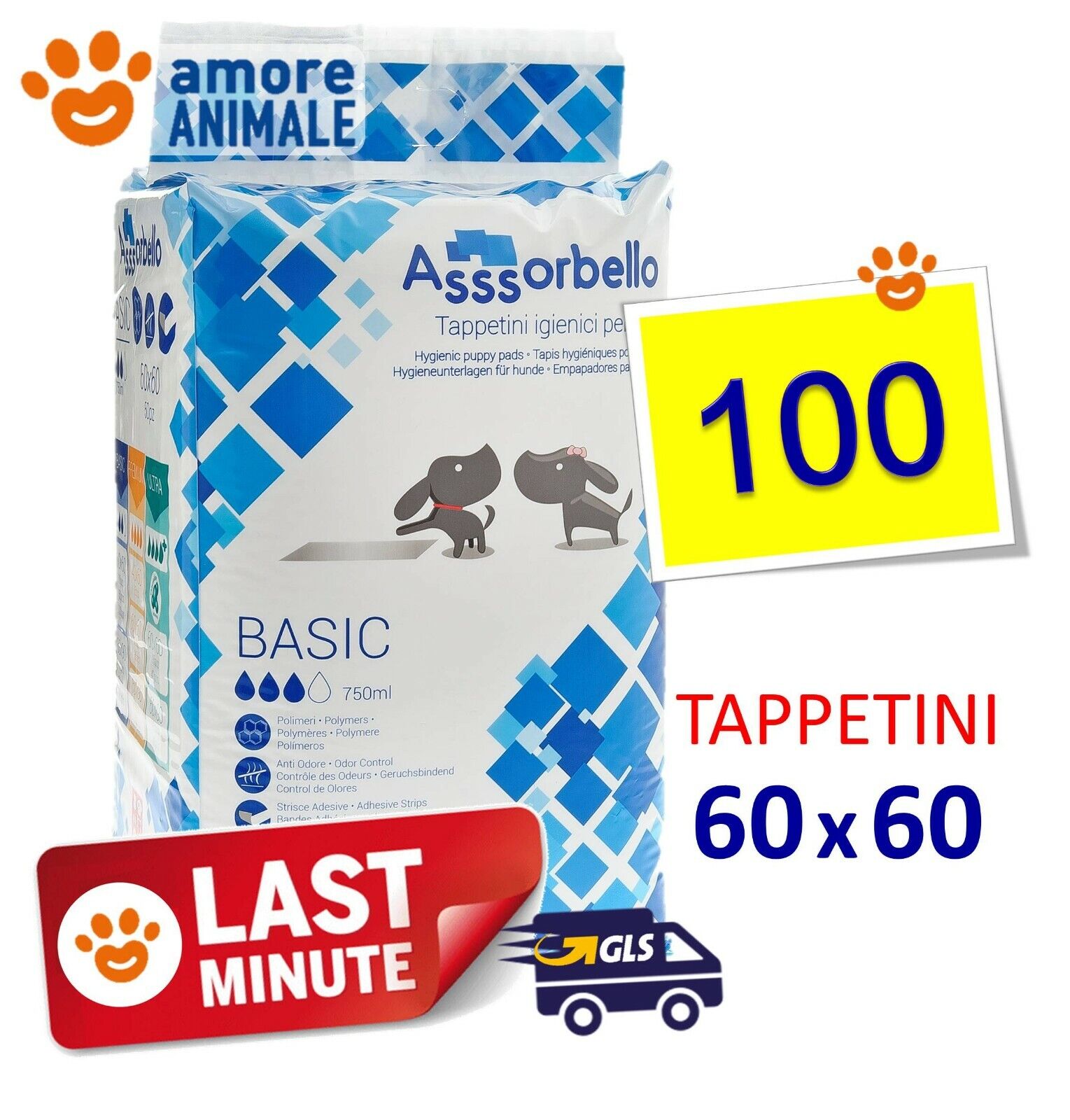 100 TAPPETINI Assorbello 60x60 BASIC - Traverse assorbenti per cani ex Fuss Dog