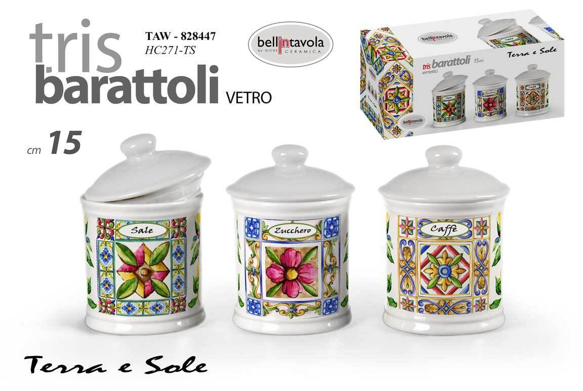 SET 3 Barattoli Sale Zucchero Caffè Tris CERAMICA Contenitore TERRA E SOLE 15CM