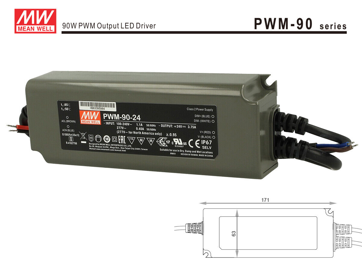 Alimentatore Led Meanwell PWM-90-24 Dimmerabile 90W 24V IP67 Dimming 3 in 1