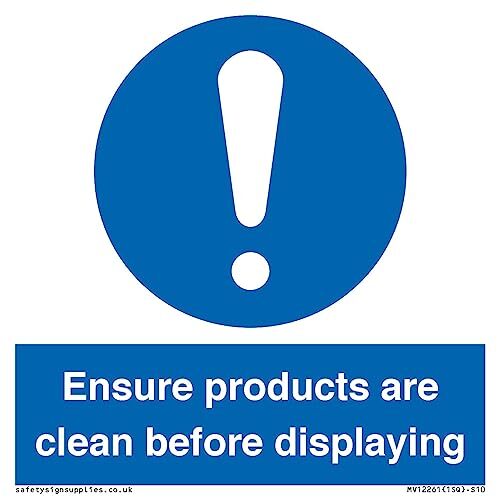 Cartello con scritta "ensure products are clean before displaying" (lingua itali