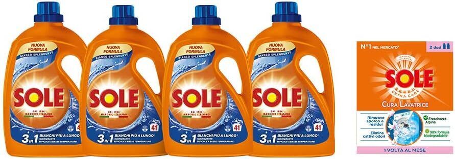 Sole 4*Detersivo Lavatrice Liquido Bianco Splendente 1,845L+ Cura 2x250ml