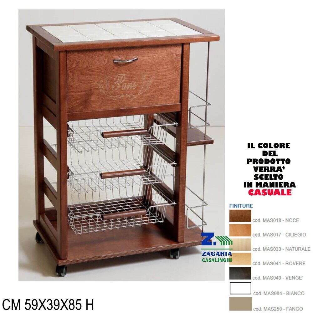 CARRELLO PORTAFRUTTA VESUVIO LEGNO CON CASSETTO PORTAPANE E PORTABOTTIGLIA