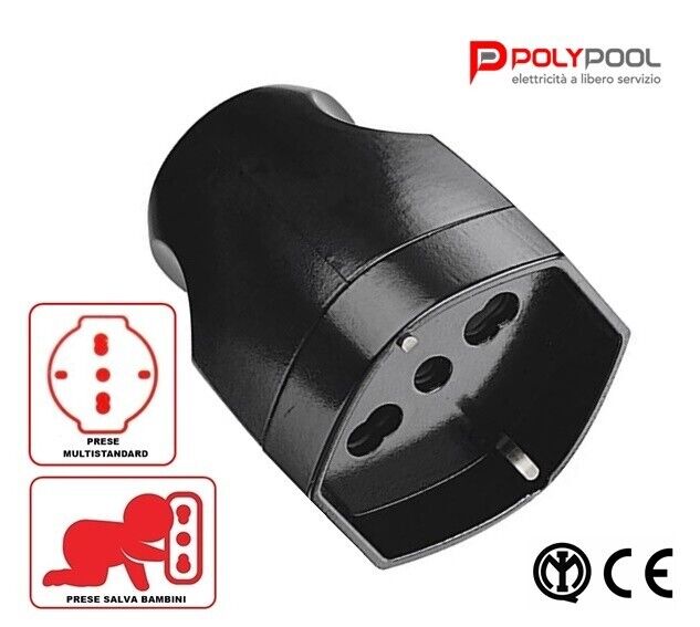 PRESA FEMMINA POLIVALENTE SCHUKO + ITALIANE PER CAVO ELETTRICO NERA "POLYPOOL"