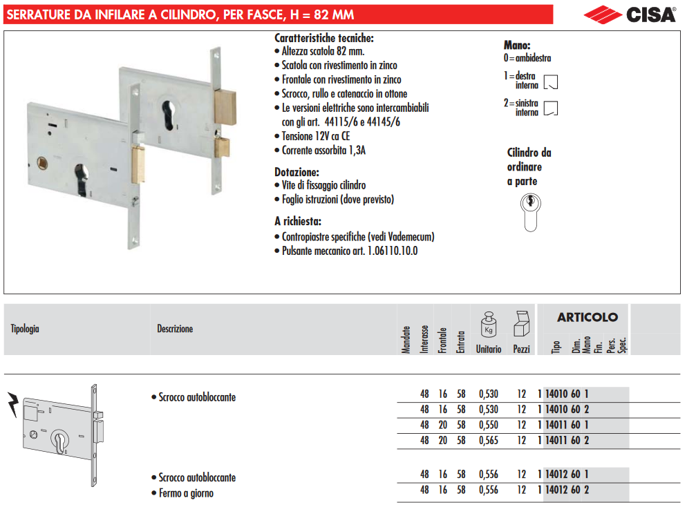 Elettroserratura da infilare per fasce mm.82 h 14010 - mm.60 sx (14010602) 1 pz