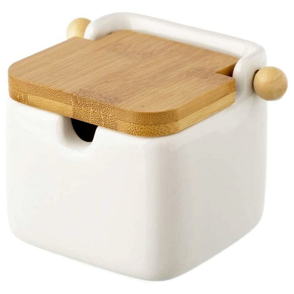 Zuccheriera Barattolo Ceramica Tappo Legno Bambu Sale Zucchero Caffe 0,7lt Bianc