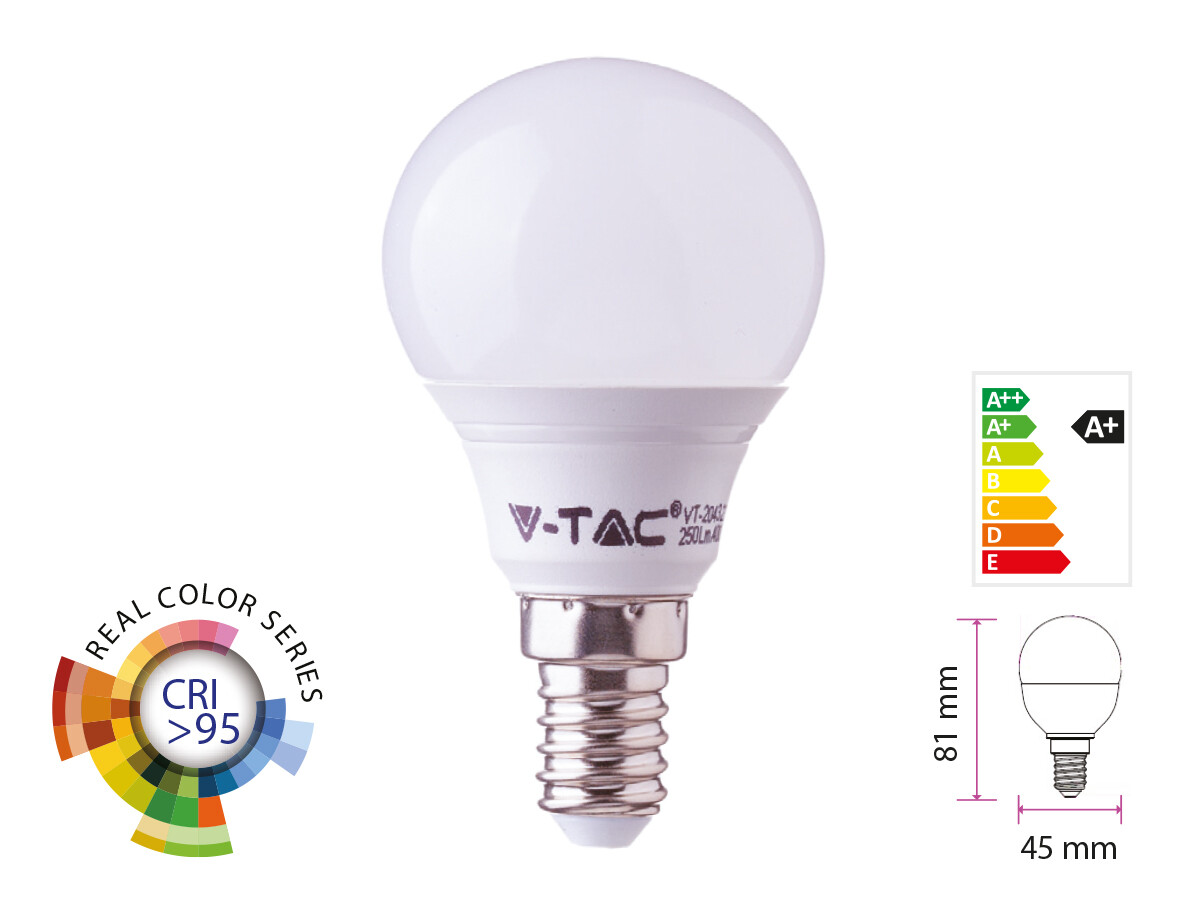 Lampada A Led E14 CRI 95 P45 5,5W 470LM Neutro 4000K Forma Sfera Bulbo Pallina S