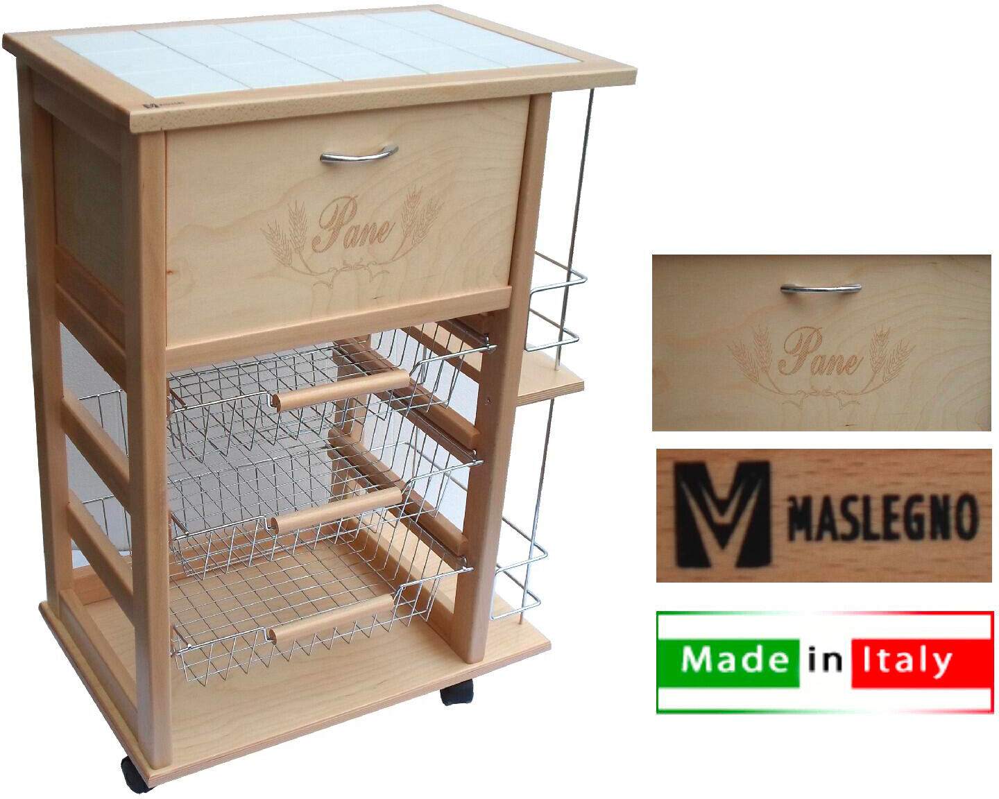 Carrello Vesuvio Porta Pane + Porta Bottiglie Naturale Mas Legno