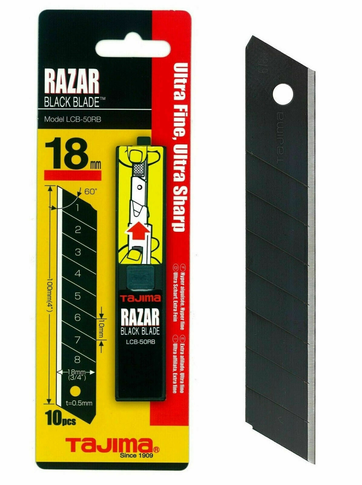 BOX 10x LAMA RAZAR BLACK BLADE 18 mm TAJIMA LAME CUTTER NERE PROFESSIONALE