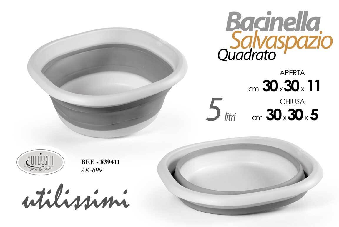 BACINELLA Bucato Pieghevole 5 LIT QUADRATA SALVASPAZIO CONTENITORE Richiudibile