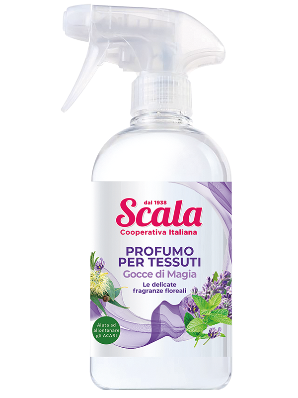 SPRAY SCALA PROFUMO BIANCHERIA E TESSUTI GOCCE DI MAGIA PROFUMO LAVANDA 500 ML.