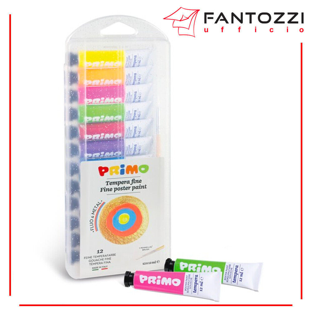 PRIMO - PENNELLO E TEMPERA TUBETTO 12 ML - 8 COLORI METALLIZZATI - 4 COLORI FLUO