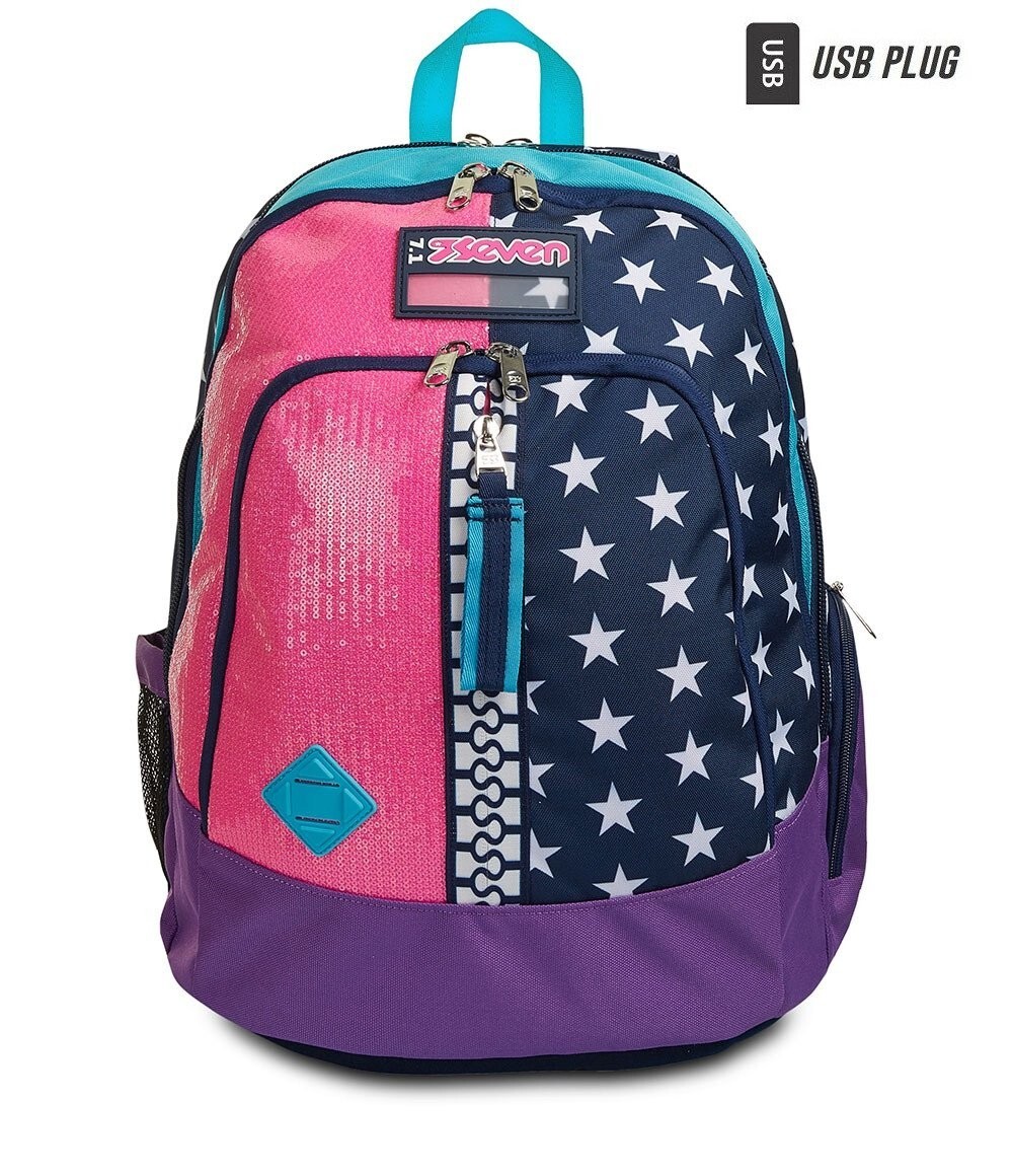 ZAINO ADVANCED seven PINKING BLUE backpack PAILLETTES E STELLE scuola CON USB PL