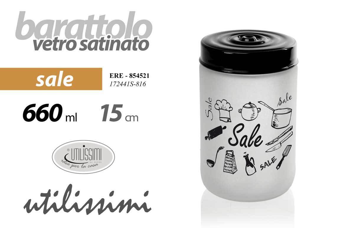 BARATTOLO SALE Contenitore Vetro SATINATO MODERNO COPERCHIO NERO 660 ML 15*9 CM