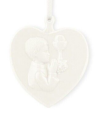 Cuore bianco in ceramica Bimbo prima comunione con astuccio 7,5x7 cm